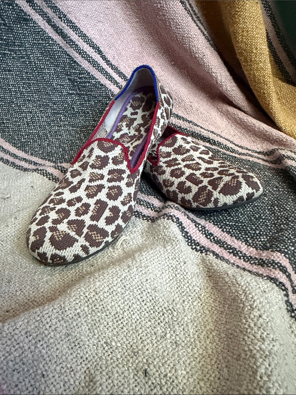 Rothy's Leopard Knit Slip-On Flats - Brown & Cream with Burgundy Trim